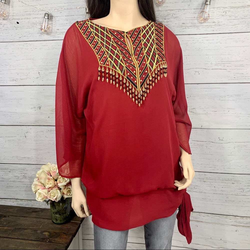 SIMONTON Dark Red Gold Embroidered Beaded Festival Unique Top